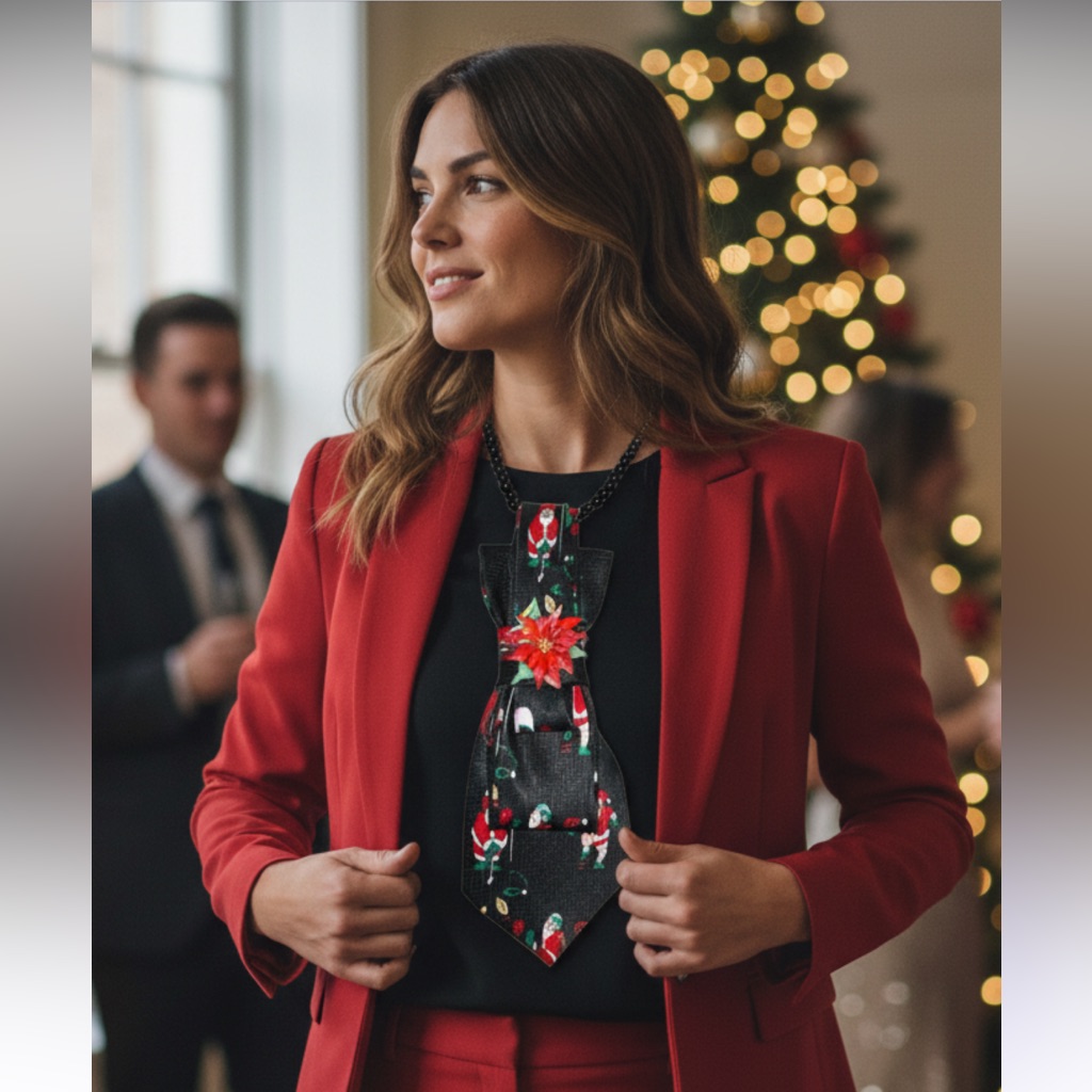 “Dainty Dapper”Festive Black Christmas Tie With Sporty Santa Design